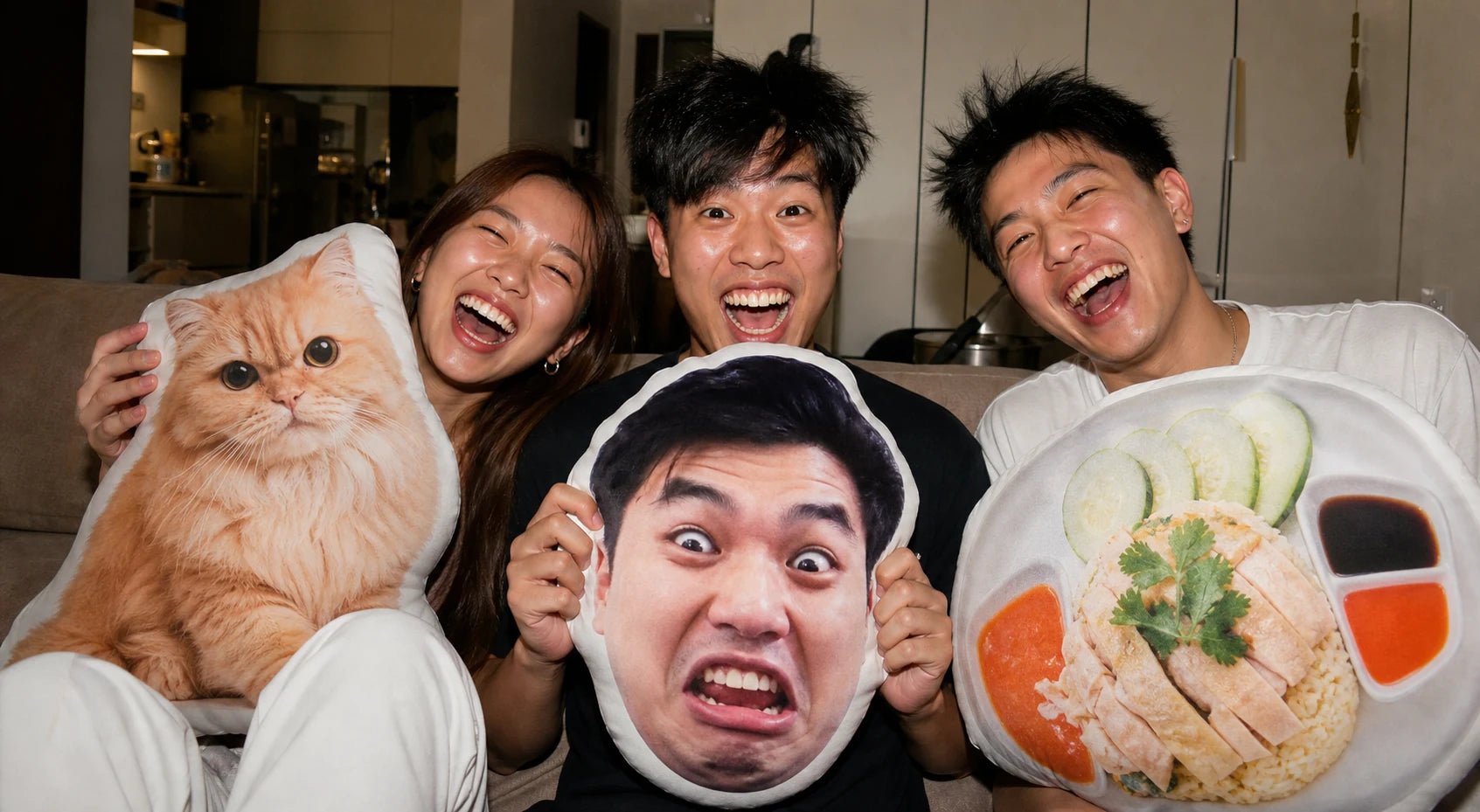 Friends holding custom PLOSHI pillows