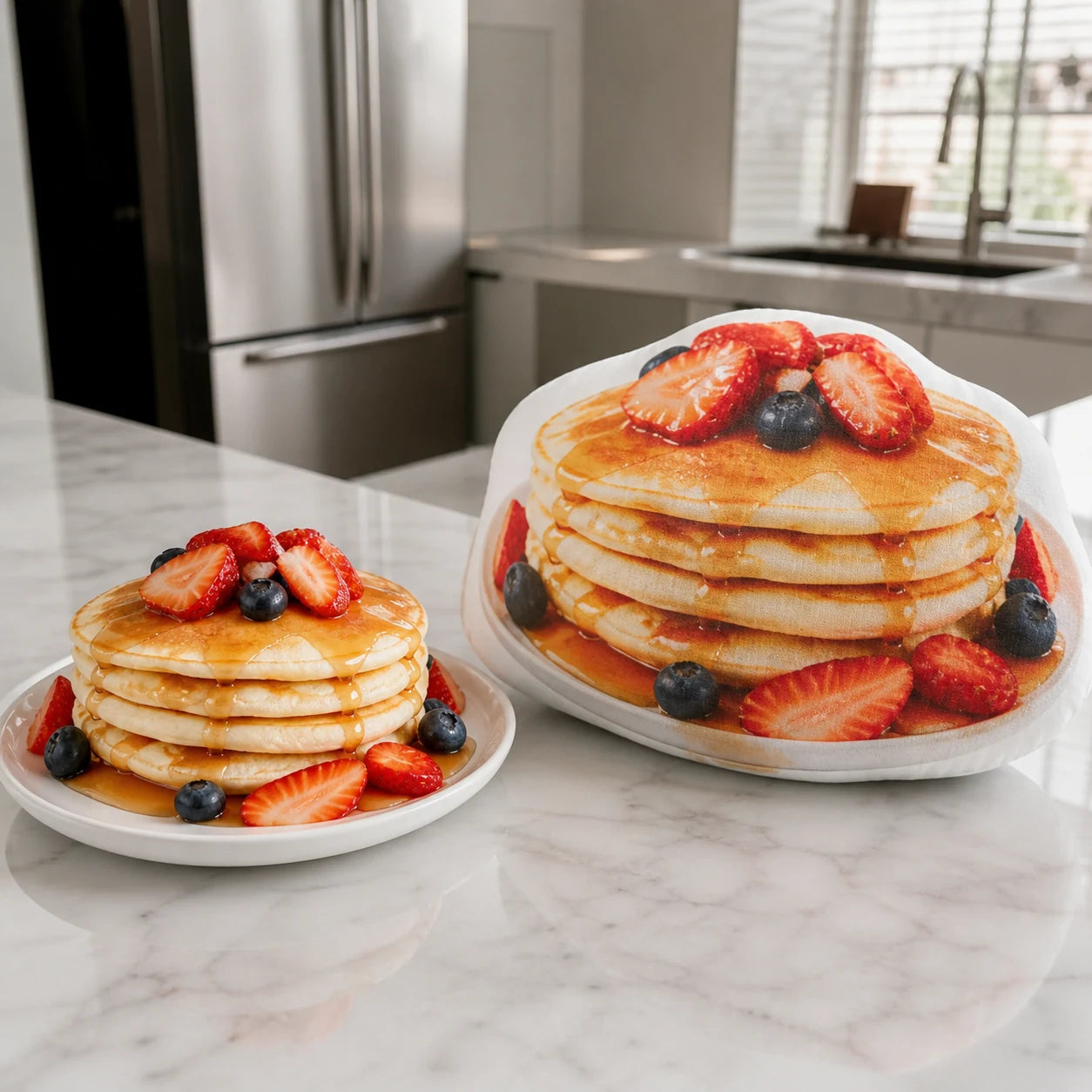 A plate of pancakes beside its matching custom shaped pillow