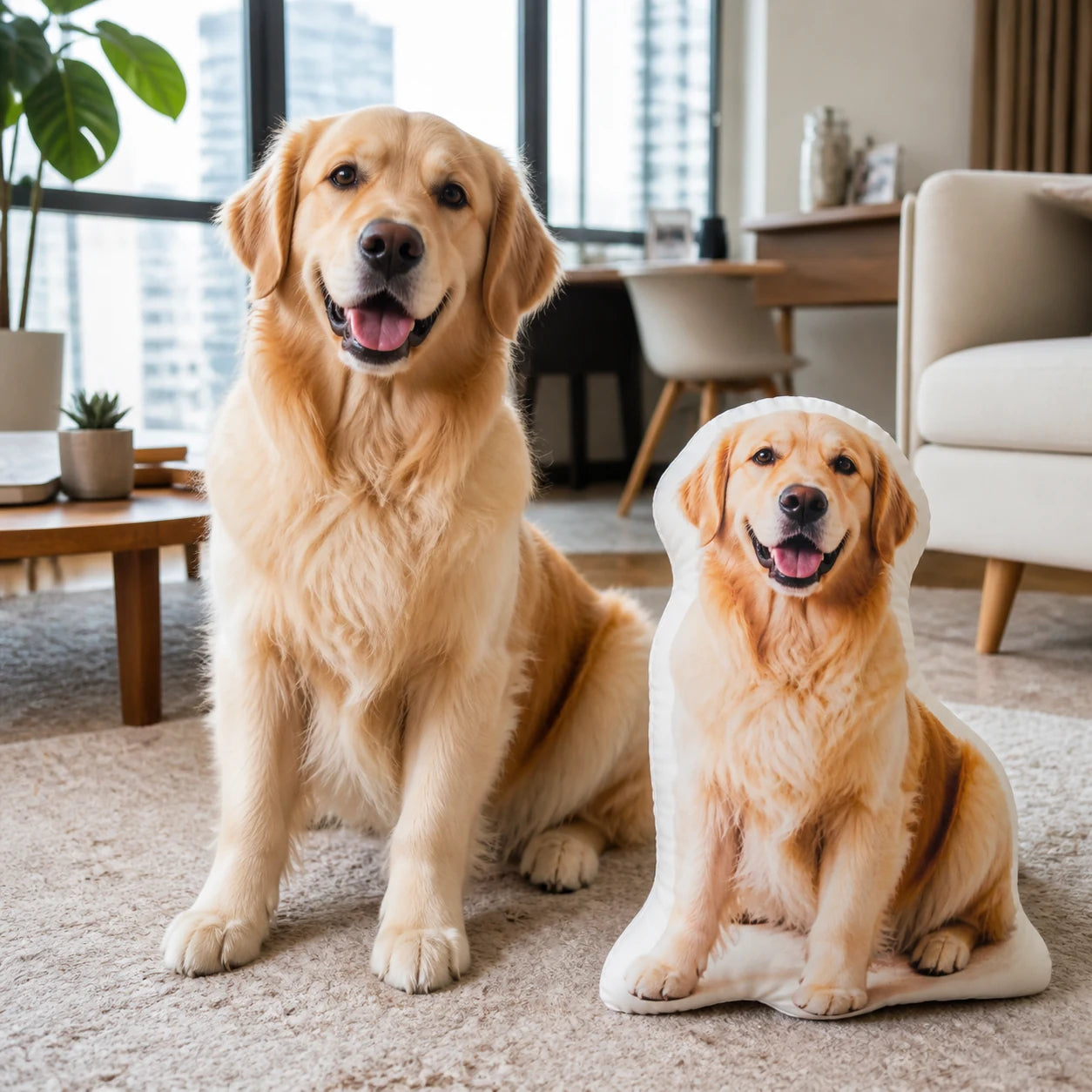 A real golden retriever beside its matching custom shaped pillow