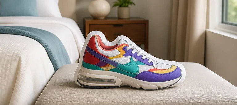 The colourful sneaker transformed into a shaped PLOSHI pillow