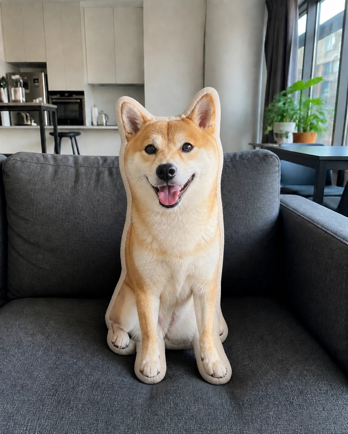 A realistic finished custom shaped dog pillow